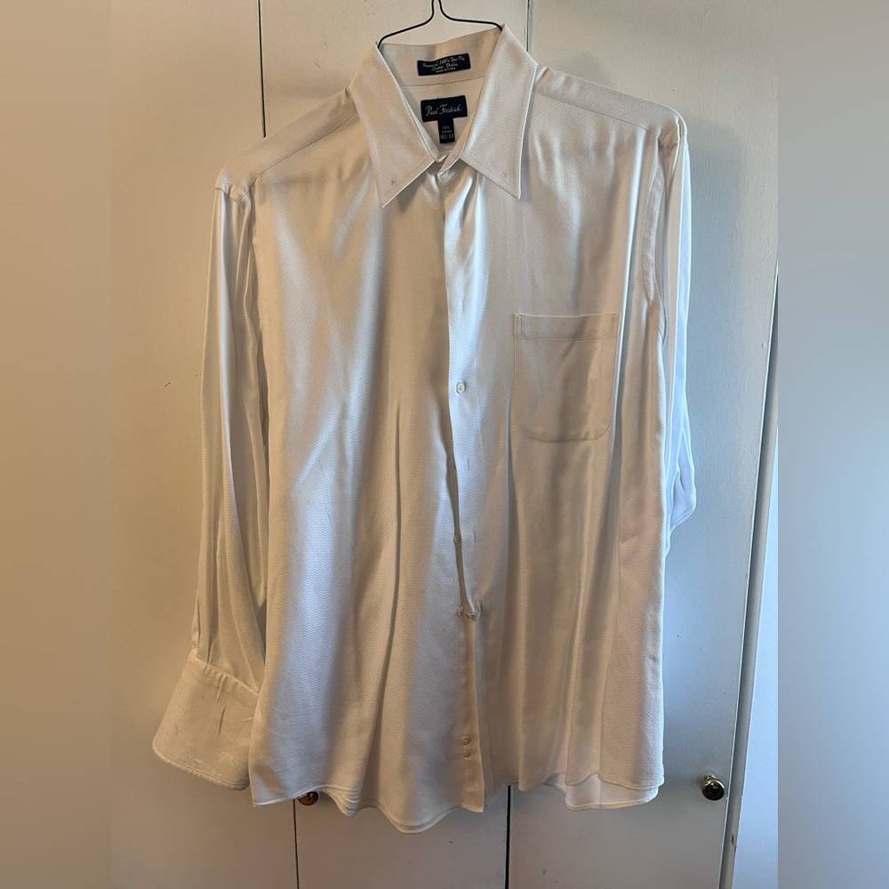 White Paul Fredrick shirt with French cuffs and tie bar holes in collar.